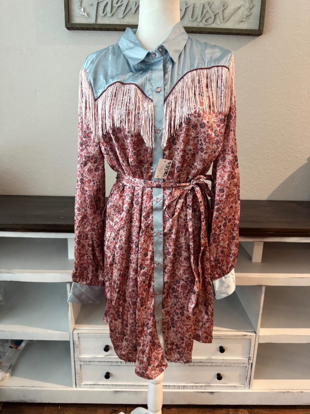 NWT Rock & Roll Denim Satin Dress Western Rose Floral Fringe Size XL